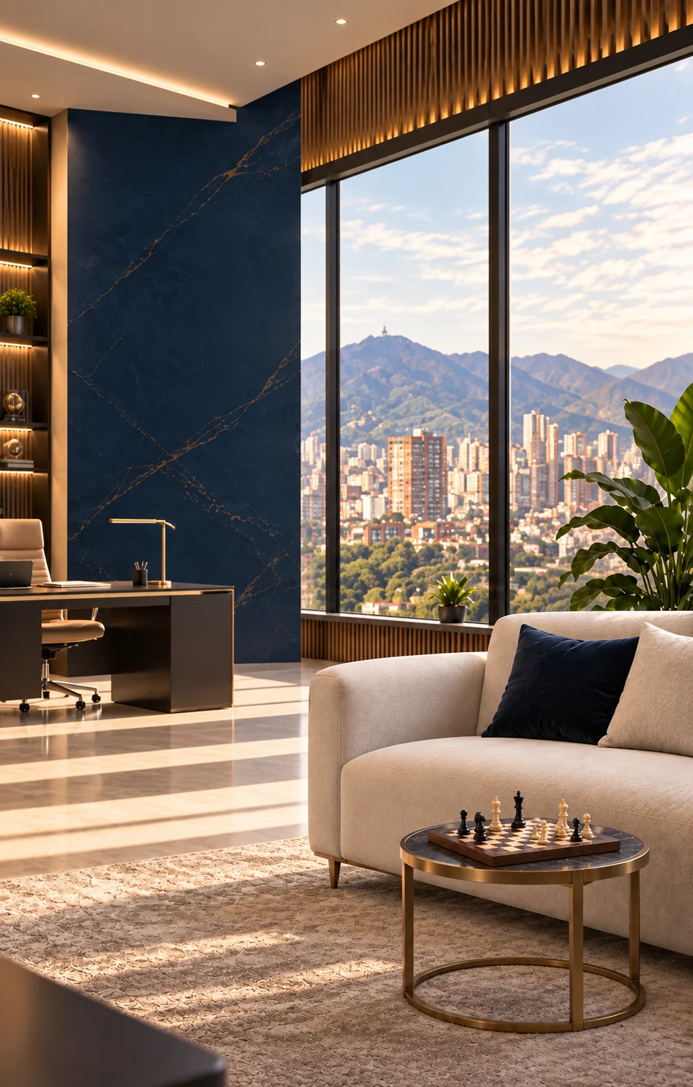 Ambiente conceptual de oficina ejecutiva con vista a la ciudad y montañas, sofá y una pequeña mesa de ajedrez